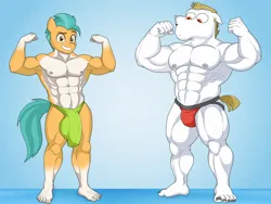 Size: 1280x960 | Tagged: suggestive, derpibooru import, bulk biceps, hitch trailblazer, anthro, plantigrade anthro, barefoot, biceps, bulges, comparison, crotch bulge, duo, duo male, feet, flexing, full body, g4, g5, grin, hitch big dick, image, jockstrap, jpeg, male, muscles, muscular male, nudity, partial nudity, pose, smiling, speedo, standing, toenails, toes