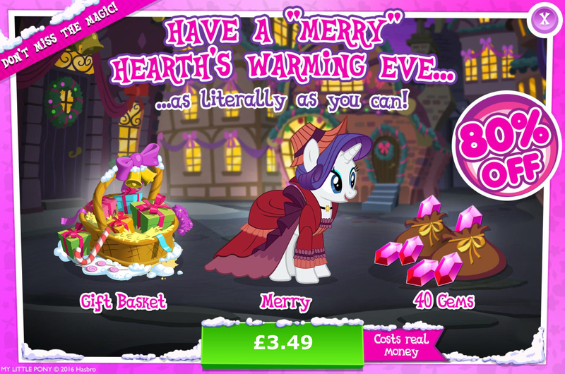 Size: 1959x1298 | Tagged: safe, derpibooru import, merry, rarity, pony, unicorn, advertisement, basket, bell, bow, candy, candy cane, clothes, costs real money, dress, english, female, food, gameloft, gem, hat, horn, image, jpeg, mobile game, my little pony: magic princess, numbers, present, sale, solo, solo focus, text