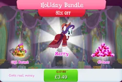 Size: 1268x858 | Tagged: safe, derpibooru import, merry, rarity, pony, unicorn, basket, bell, bow, bundle, candy, candy cane, clothes, costs real money, dress, english, female, food, gameloft, gem, hat, horn, image, jpeg, mobile game, my little pony: magic princess, numbers, present, sale, solo, solo focus, text