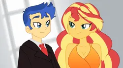 Size: 2437x1357 | Tagged: safe, artist:aokushan, derpibooru import, flash sentry, sunset shimmer, human, equestria girls, breasts, busty sunset shimmer, cleavage, clothes, duo, female, flashimmer, image, looking at each other, looking at someone, male, necktie, png, shipping, smiling, smiling at each other, straight, suit