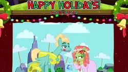 Size: 2063x1160 | Tagged: safe, anonymous artist, artist:cloudyglow, artist:frownfactory, derpibooru import, tree hugger, zephyr breeze, earth pony, pegasus, pony, 2022, christmas, clothes, costume, december, female, friendship, happy holidays, hearth's warming, holiday, image, kiss mark, lipstick, male, mare, mistletoe, performance, play, png, shipping, stage, stallion, straight, youtube link in the description, zephyrhugger