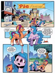 Size: 768x1024 | Tagged: safe, artist:andypriceart, derpibooru import, idw, izzy moonbow, sunny starscout, earth pony, unicorn, spoiler:comic, spoiler:g5comic, spoiler:g5comic08, balloon, flower, food, g5, image, jpeg, pie, sign, tree