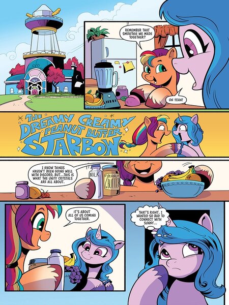 Size: 768x1024 | Tagged: safe, artist:andypriceart, derpibooru import, idw, izzy moonbow, sunny starscout, earth pony, unicorn, spoiler:comic, spoiler:g5comic, spoiler:g5comic08, blender (object), crystal brighthouse, food, fruit, g5, image, jpeg, milk, peanut butter, shipping fuel