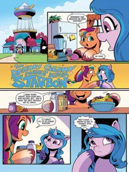 Size: 768x1024 | Tagged: safe, artist:andypriceart, derpibooru import, idw, izzy moonbow, sunny starscout, earth pony, unicorn, spoiler:comic, spoiler:g5comic, spoiler:g5comic08, blender (object), crystal brighthouse, food, fruit, g5, image, jpeg, milk, peanut butter, shipping fuel
