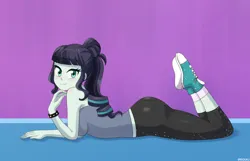 Size: 800x514 | Tagged: safe, artist:riouku, derpibooru import, coloratura, equestria girls, alternate hairstyle, ass, blushing, bracelet, butt, clothes, commission, converse, cute, female, image, jpeg, lying down, pants, prone, rarabetes, shirt, shoes, socks, solo, spiked wristband, sweatpants, wristband