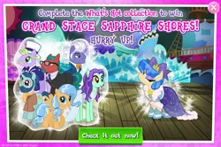 Size: 1953x1296 | Tagged: safe, derpibooru import, idw, official, big bucks, dusty swift, gladmane, penn jillette, sapphire shores, zen moment, earth pony, pegasus, pony, unicorn, advertisement, beard, bow, bowtie, bundle, clothes, dress, english, facial hair, female, gameloft, glasses, hair bow, hat, horn, idw showified, image, jewelry, jpeg, las pegasus resident, male, mare, necklace, necktie, pants, scarf, spread wings, stallion, suit, text, top hat, trotsky (character), video game, wings