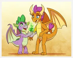Size: 1472x1181 | Tagged: safe, artist:inuhoshi-to-darkpen, derpibooru import, smolder, spike, dragon, pony, dragon wings, dragoness, female, fire, fireball, green fire, image, male, open mouth, png, wide eyes, wings