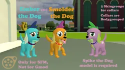Size: 1192x670 | Tagged: safe, artist:ponygamer2020, artist:ponygamersfm, derpibooru import, princess ember, smolder, spike, spike the regular dog, dog, equestria girls, 3d, canterlot high, collar, cute, dog collar, dog tags, dogified, download at source, downloadable, ember the dog, image, jpeg, logo, looking at you, puppy, sad, smiling, smiling at you, smolder the dog, smolderbetes, source filmmaker, species swap, spike the dog, tongue out, trio, uncomfortable