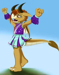 Size: 2580x3272 | Tagged: safe, artist:neondragon, derpibooru import, ocellus, dragon, arms in the air, blue sky, cheerful, cheerleader, clothes, disguise, disguised changeling, dragon ocellus, dragoness, female, image, png, pom pom, skirt, solo