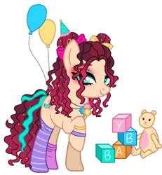 Size: 1024x1110 | Tagged: safe, artist:marihht, derpibooru import, oc, unofficial characters only, earth pony, pony, balloon, base used, blocks, bracelet, clothes, earth pony oc, eyeshadow, female, image, jewelry, makeup, mare, offspring, parent:cheese sandwich, parent:pinkie pie, parents:cheesepie, plushie, png, simple background, socks, solo, striped socks, teddy bear, transparent background