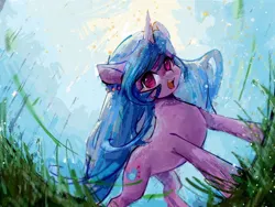 Size: 1080x810 | Tagged: safe, artist:lendftcn, derpibooru import, izzy moonbow, pony, unicorn, female, film grain, fisheye lens, g5, image, jpeg, looking at you, low angle, mare, open mouth, open smile, smiling, smiling at you, solo