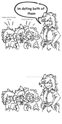 Size: 758x1516 | Tagged: safe, artist:aj2020ahgd, derpibooru import, apple bloom, applejack, scootaloo, sweetie belle, anthro, earth pony, pegasus, unicorn, ^^, black and white, coming out, cutie mark crusaders, eyes closed, female, front knot midriff, grayscale, hand on hip, human facial structure, image, implied appledash, implied lesbian, implied polyamory, implied rarijack, implied shipping, jpeg, midriff, monochrome, smiling, smugjack, xd