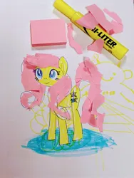 Size: 1512x2016 | Tagged: safe, artist:sodiumsaccharin, derpibooru import, fluttershy, pegasus, pony, highlighter, image, jpeg, mixed media, solo, sticky note, traditional art