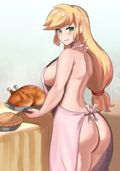 Size: 748x1069 | Tagged: suggestive, artist:tzc, derpibooru import, applejack, bird, human, turkey, applebutt, apron, ass, blushing, breasts, busty applejack, butt, clothes, cute, female, food, freckles, holiday, humanized, image, jackabetes, jpeg, naked apron, nudity, partial nudity, pie, solo, solo female, thanksgiving