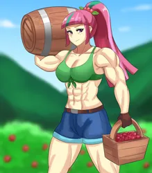 Size: 800x915 | Tagged: suggestive, artist:tzc, derpibooru import, sour sweet, equestria girls, abs, apple, barrel, basket, belly button, buff, clothes, commission, eyeshadow, female, fetish, food, freckles, gloves, image, jpeg, makeup, muscle fetish, muscles, muscular female, shirt, shorts, solo, solo female, sour swole