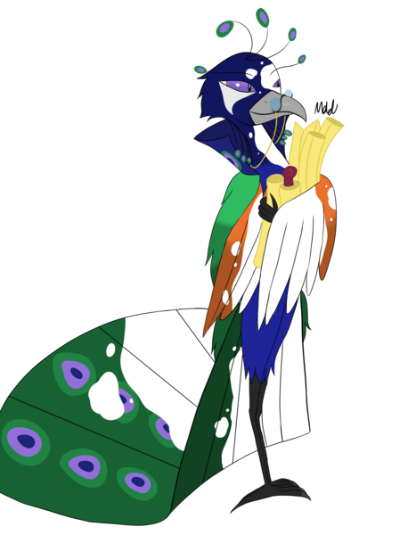 Size: 1823x2388 | Tagged: safe, derpibooru import, oc, bird, demon, original species, peacock, cape, clothes, glasses, image, male, peacock feathers, png, scroll, simple background, slender, slim, solo, transparent background