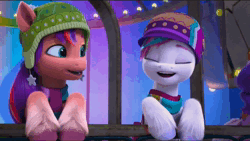 Size: 1280x724 | Tagged: safe, derpibooru import, screencap, sunny starscout, zipp storm, spoiler:g5, spoiler:winter wishday, animated, balcony, beep, clothes, crystal, crystal brighthouse, earth pony crystal, g5, hat, image, mobile phone, pegasus crystal, phone, scarf, shooting star, smartphone, toque, unicorn crystal, unity crystals, webm, winter hat, winter wishday