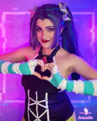 Size: 1080x1350 | Tagged: safe, artist:sarahndipity cosplay, derpibooru import, aria blaze, human, equestria girls, bare shoulders, breasts, clothes, cosplay, costume, heart hands, image, irl, irl human, jpeg, photo, sleeveless, solo