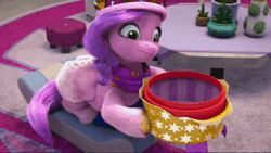 Size: 1280x720 | Tagged: safe, derpibooru import, screencap, pipp petals, pony, g5, spoiler:g5, spoiler:winter wishday, animated, box, confused, crown, diamonds, empty, female, heart, house plant, image, indoors, jewelry, mare, paper crown, present, reaction, regalia, shell, solo, vase, wait what, webm, winter wishday, wrapper