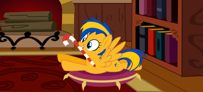 Size: 1400x639 | Tagged: safe, artist:mlpfan3991, derpibooru import, oc, oc:flare spark, unofficial characters only, pegasus, pony, background, bookshelf, candy, candy cane, female, fireplace, firewood, food, image, indoors, png, rug, solo, spread wings, wings