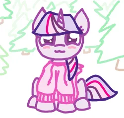 Size: 458x436 | Tagged: safe, artist:purblehoers, derpibooru import, twilight sparkle, pony, unicorn, :3, blushing, clothes, female, happy, image, looking at you, mare, ms paint, png, sitting, smiling, smiling at you, snow, solo, sweater, tree, unicorn twilight, winter