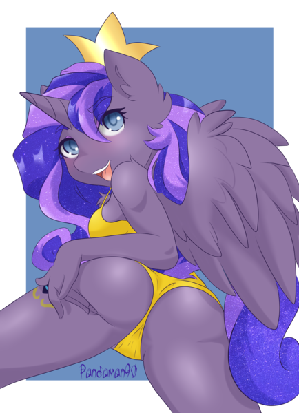 Size: 2894x4000 | Tagged: suggestive, artist:panda-man90, author:bigonionbean, derpibooru import, princess cadance, princess luna, oc, oc:princess luminescent love, unofficial characters only, alicorn, anthro, pony, unguligrade anthro, alicorn oc, ass, breasts, butt, clothes, commissioner:bigonionbean, crown, cutie mark, ethereal mane, female, flank, fusion, fusion:princess luminescent love, horn, image, jewelry, looking at you, looking back, mare, one-piece swimsuit, plot, png, regalia, swimsuit, wings