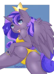 Size: 2894x4000 | Tagged: suggestive, artist:panda-man90, author:bigonionbean, derpibooru import, princess cadance, princess luna, oc, oc:princess luminescent love, unofficial characters only, alicorn, anthro, pony, unguligrade anthro, alicorn oc, ass, breasts, butt, clothes, commissioner:bigonionbean, crown, cutie mark, ethereal mane, female, flank, fusion, fusion:princess luminescent love, horn, image, jewelry, looking at you, looking back, mare, one-piece swimsuit, plot, png, regalia, swimsuit, wings