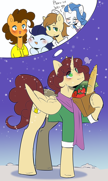 Size: 1974x3300 | Tagged: safe, artist:pledus, author:bigonionbean, derpibooru import, cheese sandwich, donut joe, fancypants, soarin', oc, oc:king calm merriment, alicorn, earth pony, pegasus, pony, unicorn, alicorn oc, bag, blushing, clothes, commissioner:bigonionbean, cute, cutie mark, dialogue, fusion, fusion:king calm merriment, groceries, horn, image, male, png, scarf, stallion, thought bubble, wings