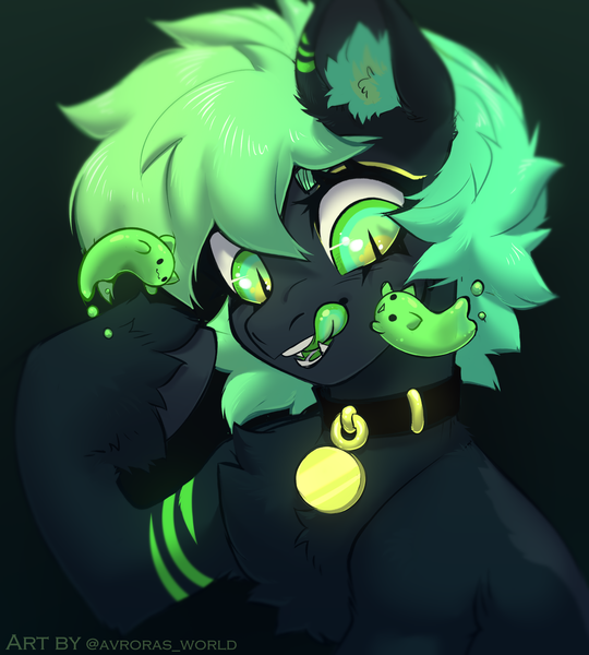 Size: 2700x3000 | Tagged: safe, artist:avroras_world, derpibooru import, oc, unofficial characters only, cat, earth pony, ghost, hybrid, pony, undead, black background, chest fluff, collar, commission, ear fluff, fangs, female, green eyes, image, mare, png, short hair, short mane, simple background, solo, solo female, tongue out