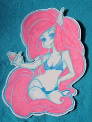 Size: 480x640 | Tagged: safe, artist:donavexx, derpibooru import, oc, oc:cherry moon, unofficial characters only, anthro, pegasus, pony, bikini, bottle, breasts, cleavage, clothes, female, hand on hip, image, jpeg, looking at you, mare, open mouth, open smile, photo, smiling, solo, swimsuit, traditional art, wingless
