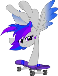 Size: 3806x5000 | Tagged: safe, artist:jhayarr23, derpibooru import, oc, oc:inkwell stylus, unofficial characters only, pegasus, pony, absurd resolution, colored wings, feral, gradient wings, handstand, image, looking at you, pegasus oc, png, show accurate, simple background, skateboard, smiling, smiling at you, solo, spread wings, transparent background, upside down, wings