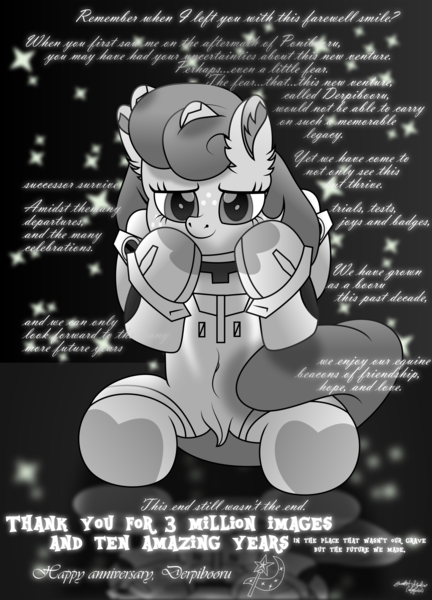 Size: 2894x4023 | Tagged: safe, artist:atryl, artist:lincolnbrewsterfan, derpibooru import, oc, oc:unending end, ponified, unofficial characters only, earth pony, pony, derpibooru, .svg available, and this is to go even further beyond, anniversary, badge icon image, bodysuit, brony history, clothes, cosplay, costume, crossover, curly tail, cute, cute smile, derpibooru badge, derpibooru exclusive, derpibooru legacy, dock, doom paul, ear fluff, encouragement, encouraging, equestria (font), exploitable meme, female, freckles, get, gift art, gradient background, gray background, gray coat, gray eyes, gray mane, gray tail, greatest internet moments, happy tenth anniversary derpibooru, hoof heart, image, index get, inkscape, inspired by another artist, looking at you, mare, meme, meta, meta in context, milestone, monochrome, motivational, movie accurate, nc-tv signature, neon genesis evangelion, no base, ocbetes, palindrome get, paying it forward, plugsuit, png, ponibooru legacy, positive message, positive ponies, raised hoof, raised hooves, raised leg, rebirth, reference, reflection, rei ayanami, semi-movie accurate, signature, simple background, sitting, smiling, smiling at you, solo, stars, style emulation, subverted meme, tail, tenth anniversary, text, thank you, thank you atryl, the end wasn't the end, the last image ever posted on ponibooru, the ride never ends, tribute, trixie's cutie mark, underhoof, vector, vivaldi font, vladmir script (font), wall of tags, website, you guys are awesome and i love you