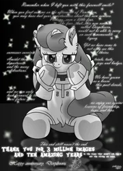 Size: 2894x4023 | Tagged: safe, artist:atryl, artist:lincolnbrewsterfan, derpibooru import, oc, oc:unending end, ponified, unofficial characters only, earth pony, pony, derpibooru, .svg available, and this is to go even further beyond, anniversary, badge icon image, bodysuit, brony history, clothes, cosplay, costume, crossover, curly tail, cute, cute smile, derpibooru badge, derpibooru exclusive, derpibooru legacy, dock, doom paul, ear fluff, encouragement, encouraging, equestria (font), exploitable meme, female, freckles, get, gift art, gradient background, gray background, gray coat, gray eyes, gray mane, gray tail, greatest internet moments, happy tenth anniversary derpibooru, hoof heart, image, index get, inkscape, inspired by another artist, looking at you, mare, meme, meta, meta in context, milestone, monochrome, motivational, movie accurate, nc-tv signature, neon genesis evangelion, no base, ocbetes, palindrome get, paying it forward, plugsuit, png, ponibooru legacy, positive message, positive ponies, raised hoof, raised hooves, raised leg, rebirth, reference, reflection, rei ayanami, semi-movie accurate, signature, simple background, sitting, smiling, smiling at you, solo, stars, style emulation, subverted meme, tail, tenth anniversary, text, thank you, thank you atryl, the end wasn't the end, the last image ever posted on ponibooru, the ride never ends, tribute, trixie's cutie mark, underhoof, vector, vivaldi font, vladmir script (font), wall of tags, website, you guys are awesome and i love you