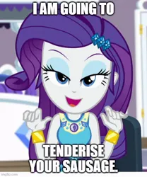 Size: 500x602 | Tagged: safe, derpibooru import, rarity, human, camping must-haves, equestria girls, equestria girls series, spoiler:eqg series (season 2), bedroom eyes, caption, clothes, image, jpeg, meme, open mouth, open smile, smiling, text