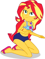 Size: 2482x3252 | Tagged: safe, alternate version, artist:dustinwatsongkx, derpibooru import, sunset shimmer, human, equestria girls, accessory swap, bare shoulders, bikini, clothes, clothes swap, eyebrows, female, geode of telekinesis, high res, image, kneeling, lidded eyes, looking up, magical geodes, png, sandals, sci-twi swimsuit, simple background, sleeveless, smiling, solo, swimsuit, swimsuit swap, transparent background