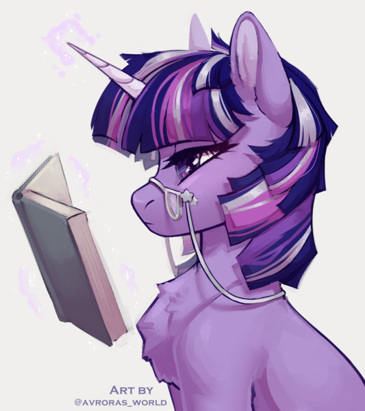 Size: 2400x2700 | Tagged: safe, artist:avroras_world, derpibooru import, twilight sparkle, pony, unicorn, accessories, book, chest fluff, ear fluff, female, glasses, glow, glowing horn, horn, image, magic, mare, older, pince-nez, png, reading, redesign, short hair, short mane, simple background, solo, solo female, unicorn twilight, white background