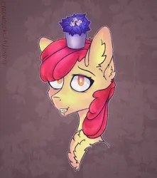 Size: 1130x1280 | Tagged: safe, artist:caecusgirl, derpibooru import, apple bloom, earth pony, pony, bust, chest fluff, female, filly, flower pot, foal, grin, image, png, portrait, simple background, smiling, solo