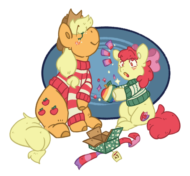 Size: 1004x934 | Tagged: safe, artist:devondraws, derpibooru import, apple bloom, applejack, earth pony, pony, apple, apple sisters, blushing, christmas sweater, clothes, eyes closed, female, filly, foal, food, image, mare, png, present, siblings, simple background, sisters, smiling, surprised, sweater, transparent background, zap apple