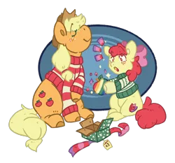Size: 1004x934 | Tagged: safe, artist:devondraws, derpibooru import, apple bloom, applejack, earth pony, pony, apple, apple sisters, blushing, christmas sweater, clothes, eyes closed, female, filly, foal, food, image, mare, png, present, siblings, simple background, sisters, smiling, surprised, sweater, transparent background, zap apple