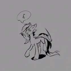 Size: 922x922 | Tagged: safe, artist:laymy, derpibooru import, oc, unofficial characters only, bat pony, pony, bat pony oc, bat wings, e, female, gray background, grayscale, image, jpeg, mare, monochrome, open mouth, simple background, solo, speech bubble, wings