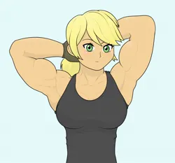 Size: 1606x1496 | Tagged: safe, artist:cyanrobo, derpibooru import, applejack, human, applejacked, breasts, busty applejack, clothes, female, humanized, image, jpeg, looking at you, muscles, solo