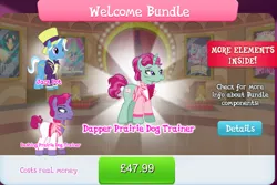 Size: 1280x857 | Tagged: safe, derpibooru import, official, jack pot, unnamed character, unnamed pony, pony, unicorn, bowtie, bundle, clothes, costs real money, english, gameloft, hat, horn, image, jewelry, jpeg, male, necklace, numbers, pants, siegfried and roy, stallion, text, top hat