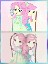 Size: 799x1069 | Tagged: safe, derpibooru import, machine learning generated, screencap, fluttershy, human, equestria girls, equestria girls series, so much more to me, broom, clothes, comparison, dress, female, happy, image, looking at each other, looking at someone, microphone, png, qq小世界, singing, smiling