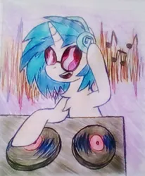 Size: 987x1200 | Tagged: safe, artist:scarecrowkitty, derpibooru import, vinyl scratch, pony, unicorn, chest fluff, disc jockey, fangs, headphones, image, jpeg, music notes, pen drawing, smiling, solo, soundwave, traditional art