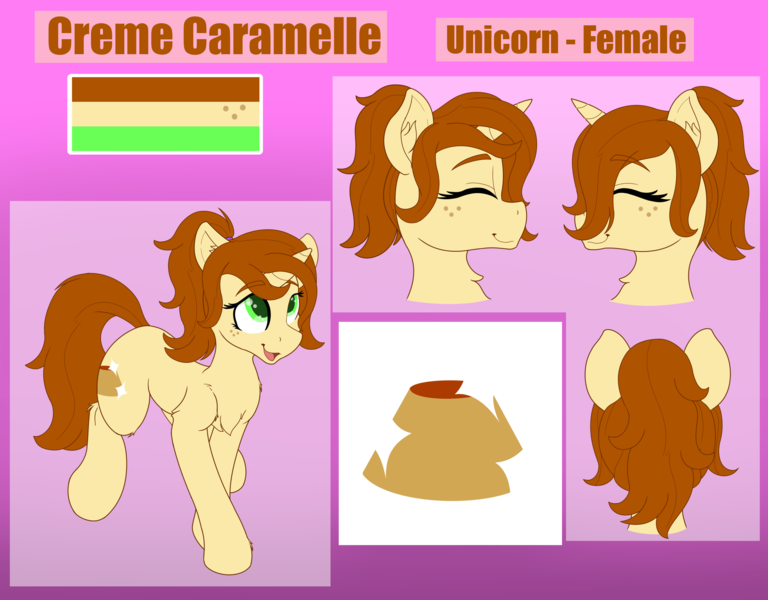 Size: 3274x2558 | Tagged: safe, artist:gnashie, derpibooru import, oc, oc:creme caramelle, unofficial characters only, unicorn, chest fluff, color palette, cutie mark, ear fluff, eyes closed, freckles, horn, image, open mouth, png, ponytail, reference sheet, unicorn oc