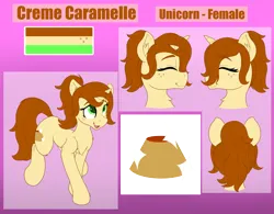 Size: 3274x2558 | Tagged: safe, artist:gnashie, derpibooru import, oc, oc:creme caramelle, unofficial characters only, unicorn, chest fluff, color palette, cutie mark, ear fluff, eyes closed, freckles, horn, image, open mouth, png, ponytail, reference sheet, unicorn oc