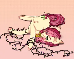 Size: 1500x1200 | Tagged: safe, artist:takic, derpibooru import, roseluck, pony, behaving like a cat, collar, commission, commissioner:doom9454, cute, garland, image, jpeg, lying down, pet tag, pony pet, rosepet, solo, string lights