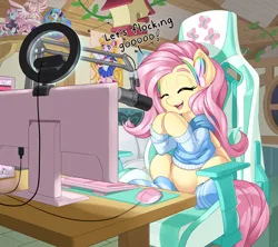 Size: 2560x2275 | Tagged: safe, artist:dstears, derpibooru import, fluttershy, pegasus, pony, anime, bed, clothes, computer, eyes closed, hatsune miku, headphones, image, jpeg, microphone, mousepad, sailor moon, smiling, socks, streaming, sweater, vocaloid