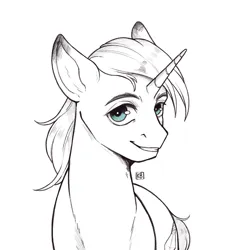 Size: 2048x2048 | Tagged: safe, artist:karamboll, derpibooru import, pony, unicorn, black and white, bust, commission, grayscale, image, looking at you, male, monochrome, png, portrait, simple background, sketch, smiling, smiling at you, solo, stallion, white background