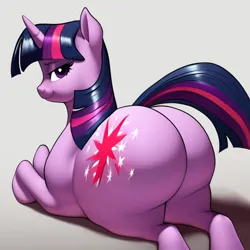 Size: 1024x1024 | Tagged: suggestive, derpibooru import, machine learning generated, stable diffusion, twilight sparkle, pony, unicorn, butt, fat, female, image, lidded eyes, looking at you, lying down, png, prone, rear view, simple background, smiling, smirk, solo, solo female, tail, the ass was fat, twibutt, twilard sparkle, twilight has a big ass